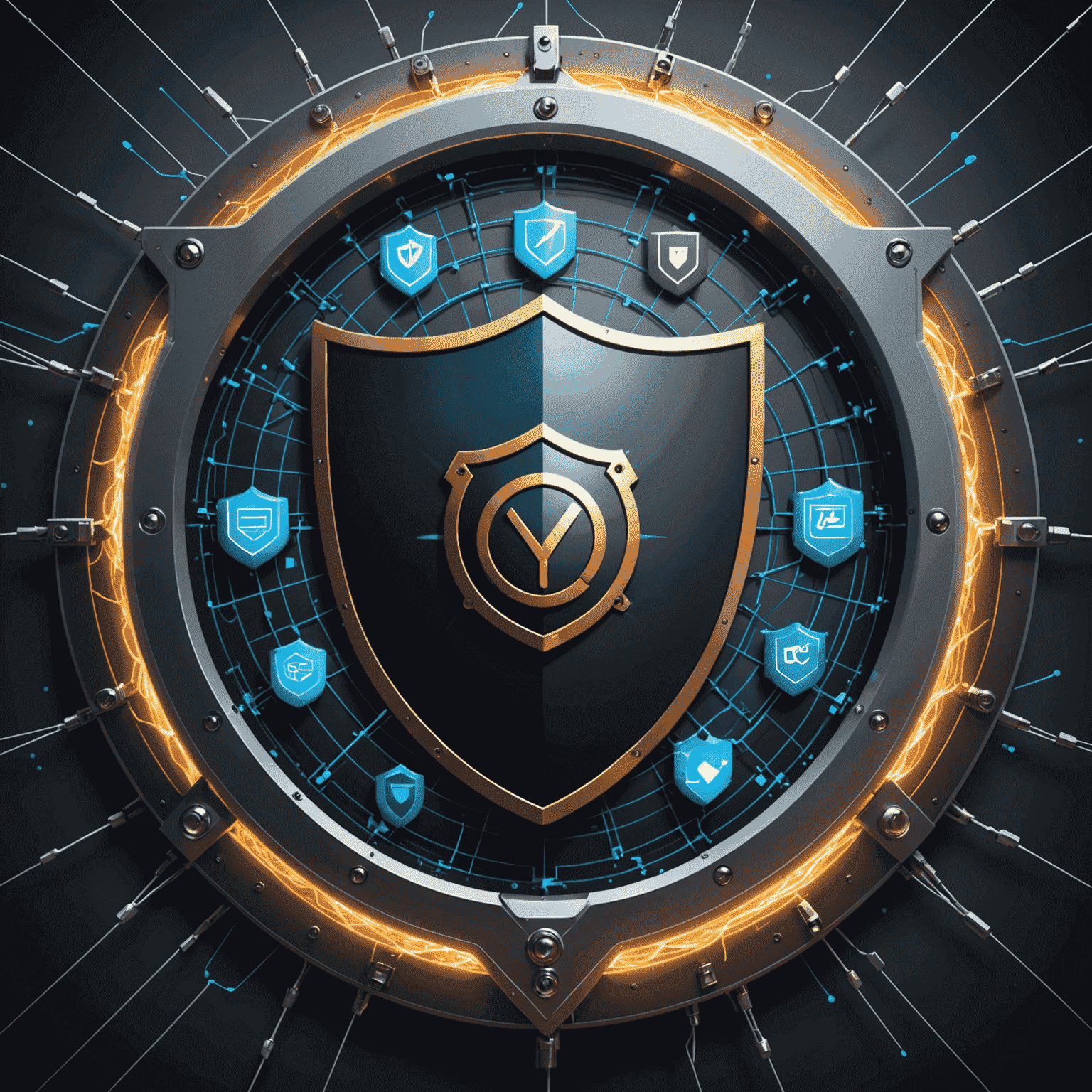Illustration d'un bouclier protégeant un réseau avec des icônes de sécurité et le logo d'Advanced IP Scanner