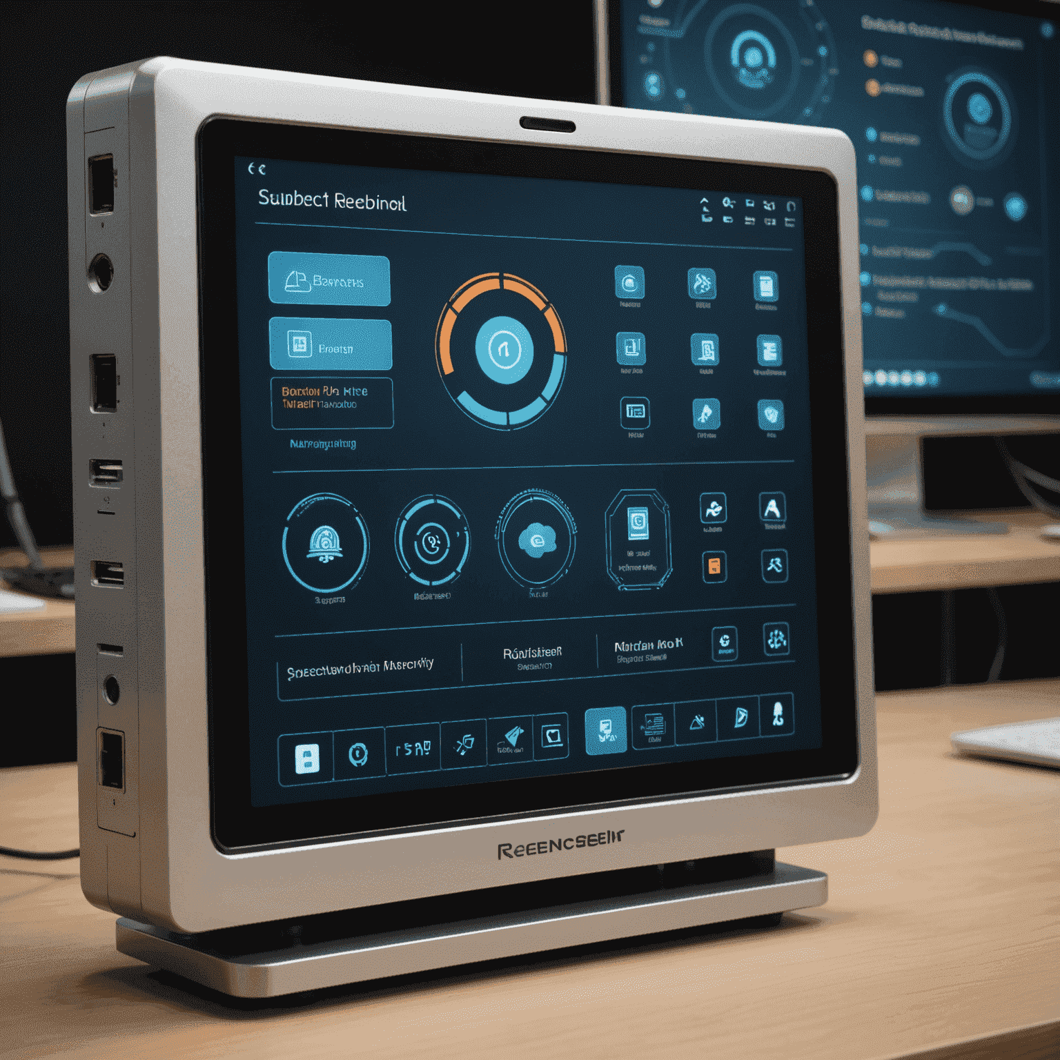 Écran de contrôle à distance d'Advanced IP Scanner montrant plusieurs options pour gérer les appareils réseau, avec des icônes futuristes pour allumer, éteindre et redémarrer