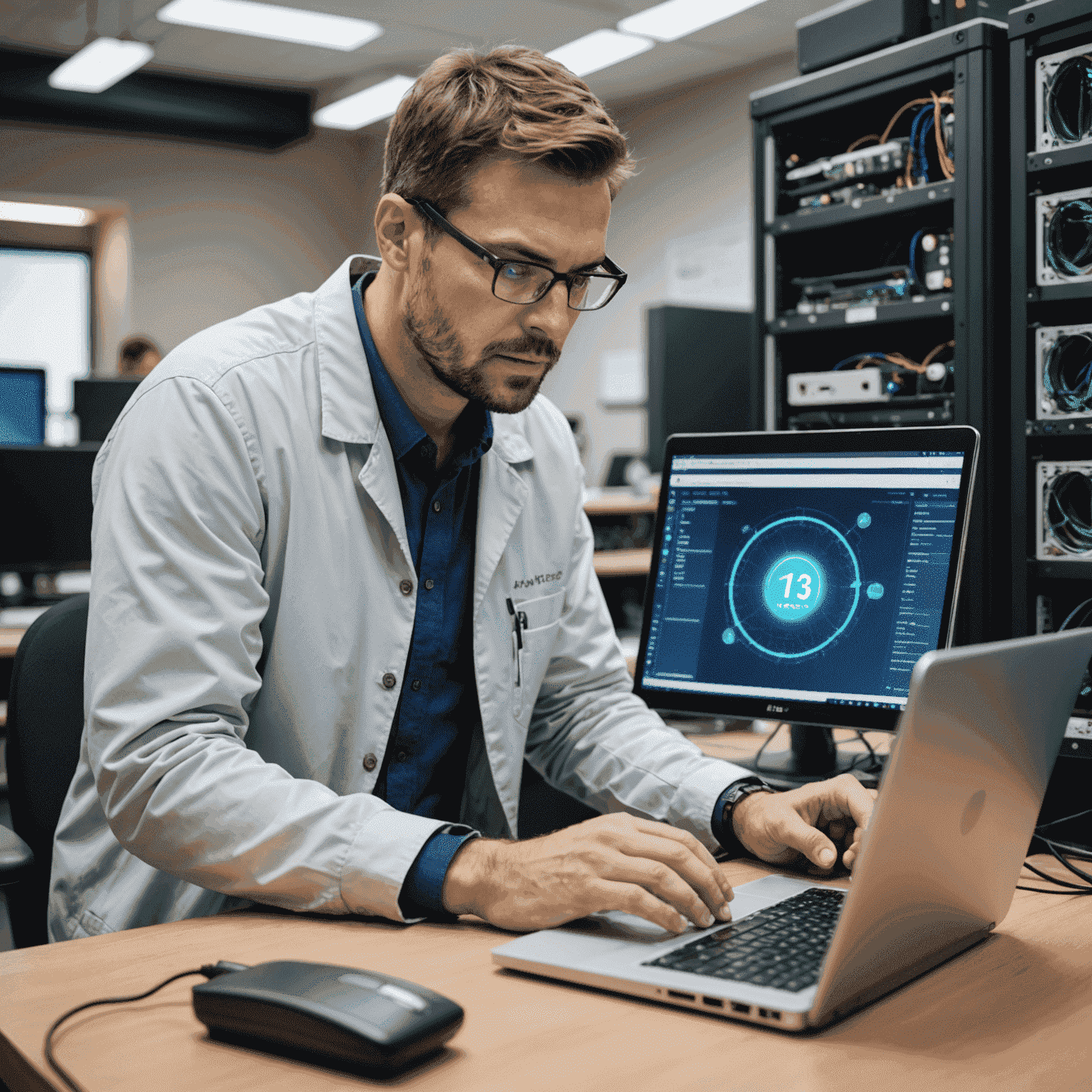 Technicien utilisant Advanced IP Scanner sur un ordinateur portable pour diagnostiquer des problèmes réseau